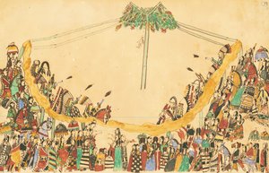 ダンスを始める前にメディシンロッジに壮大な参入をした戦士たち、1874-75（ペン、台帳のインクとトイレ） 作： Howling Wolf